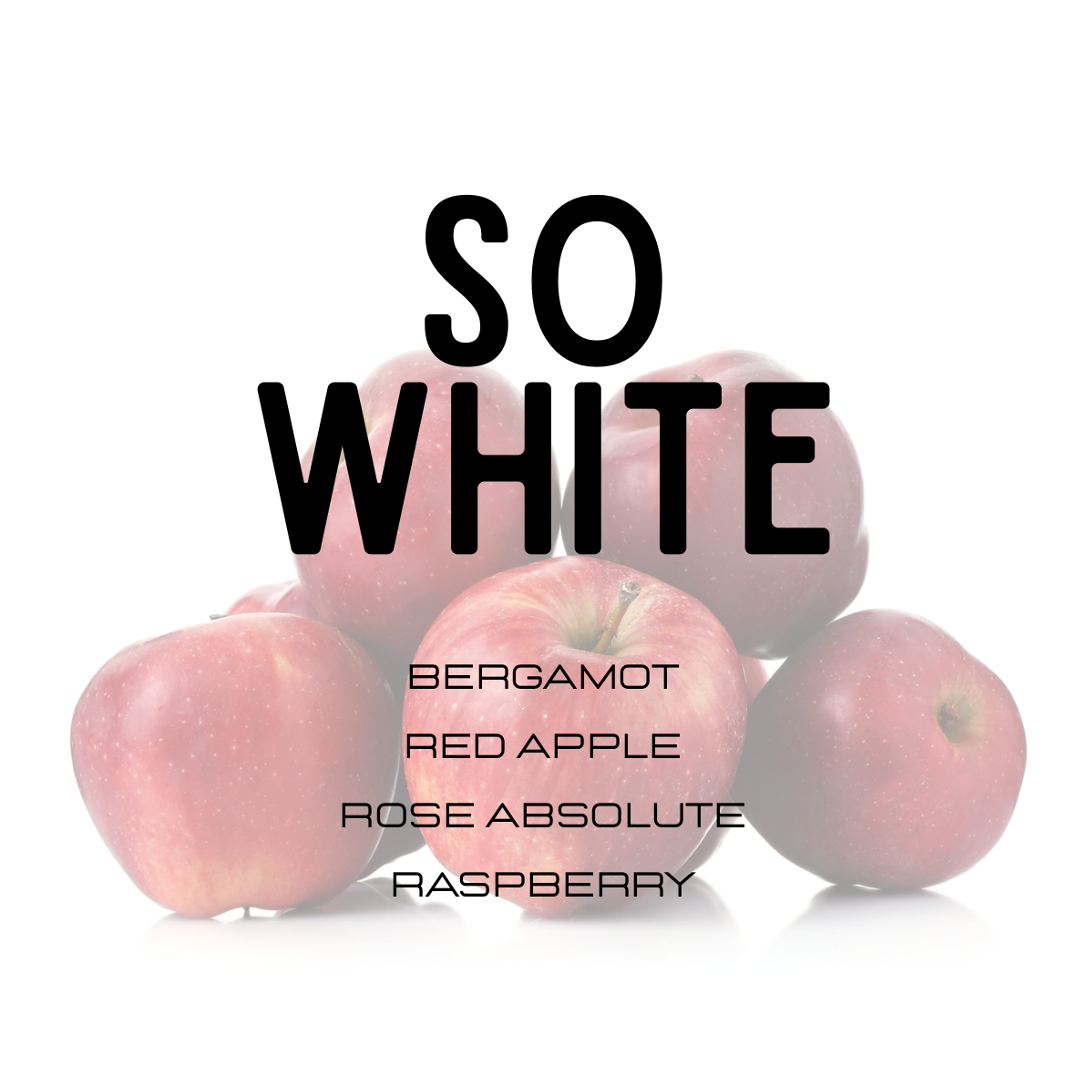 Pink apples with text 'SO WHITE' and product names on a white background