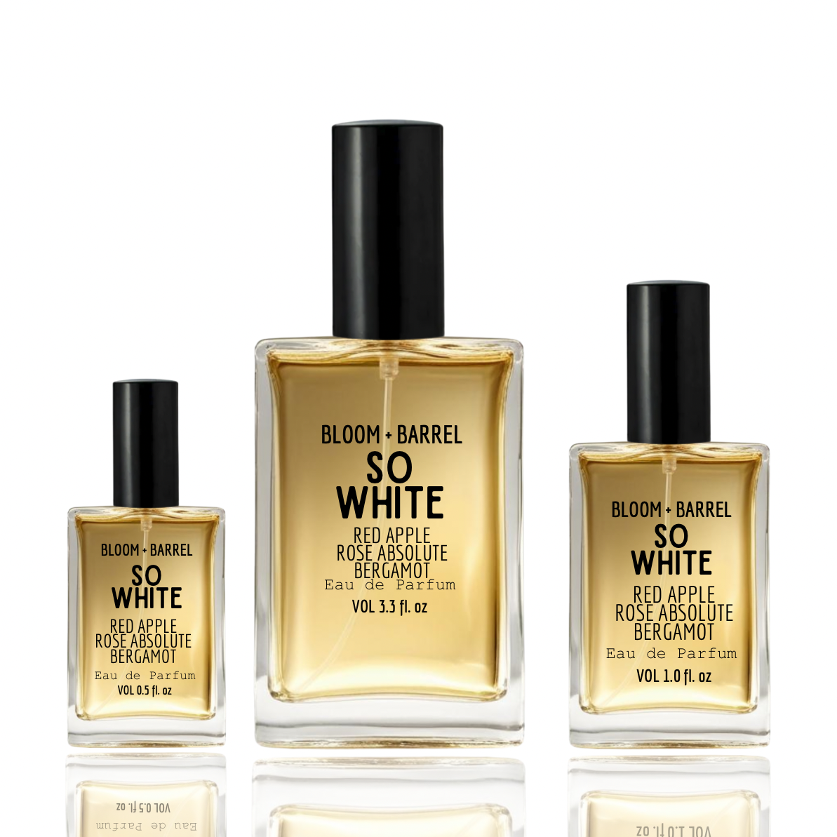 Three bottles of Bloom & Barrel 'So White' perfume on a white background