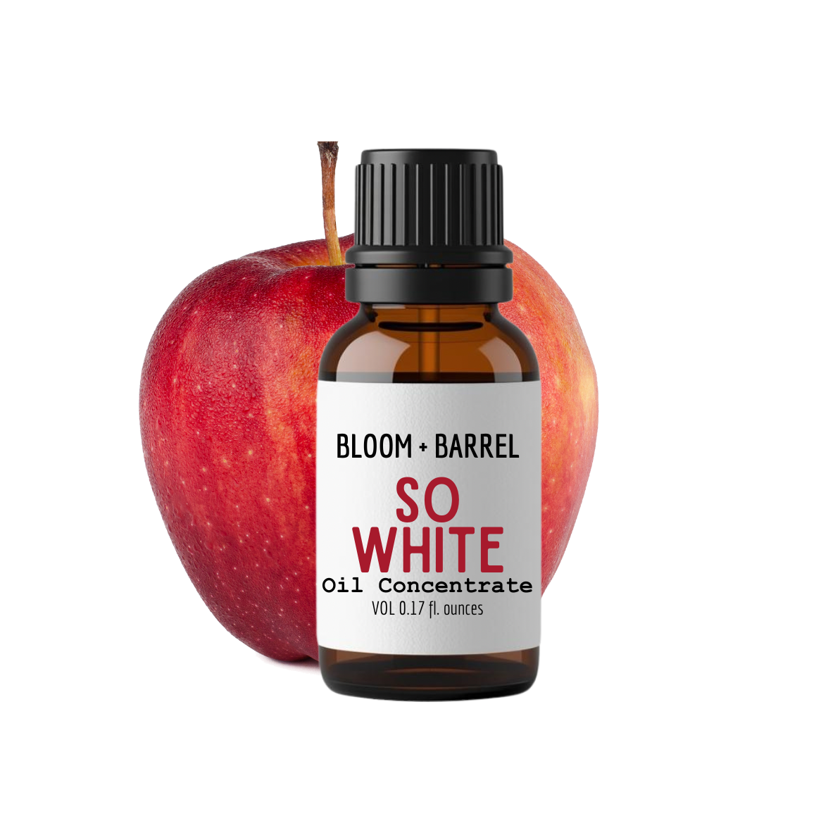 Bottle of Bloom & Barrel So White Oil Concentrate with an apple on a white background