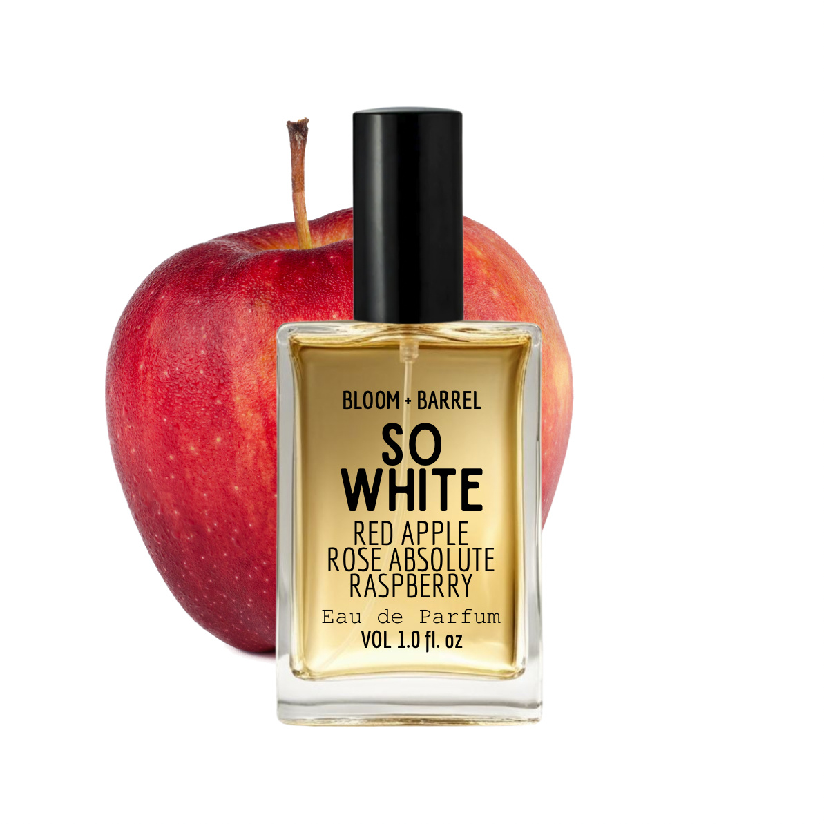 Perfume bottle labeled 'So White' by Bloom & Barrel with a red apple on a white background