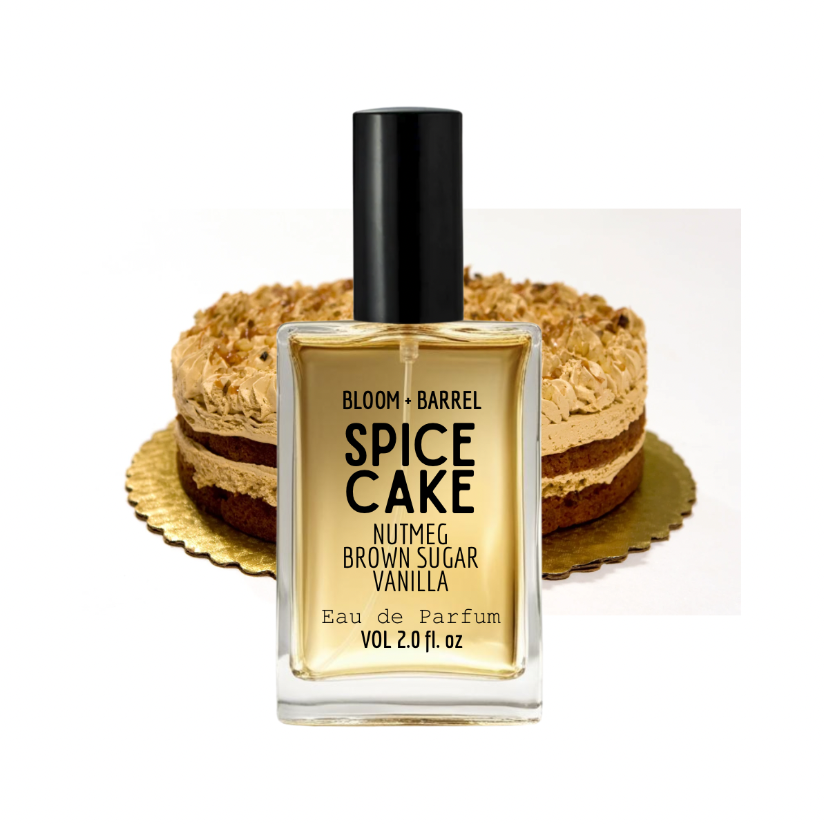 Perfume bottle labeled 'Spice Cake' with a cake in the background