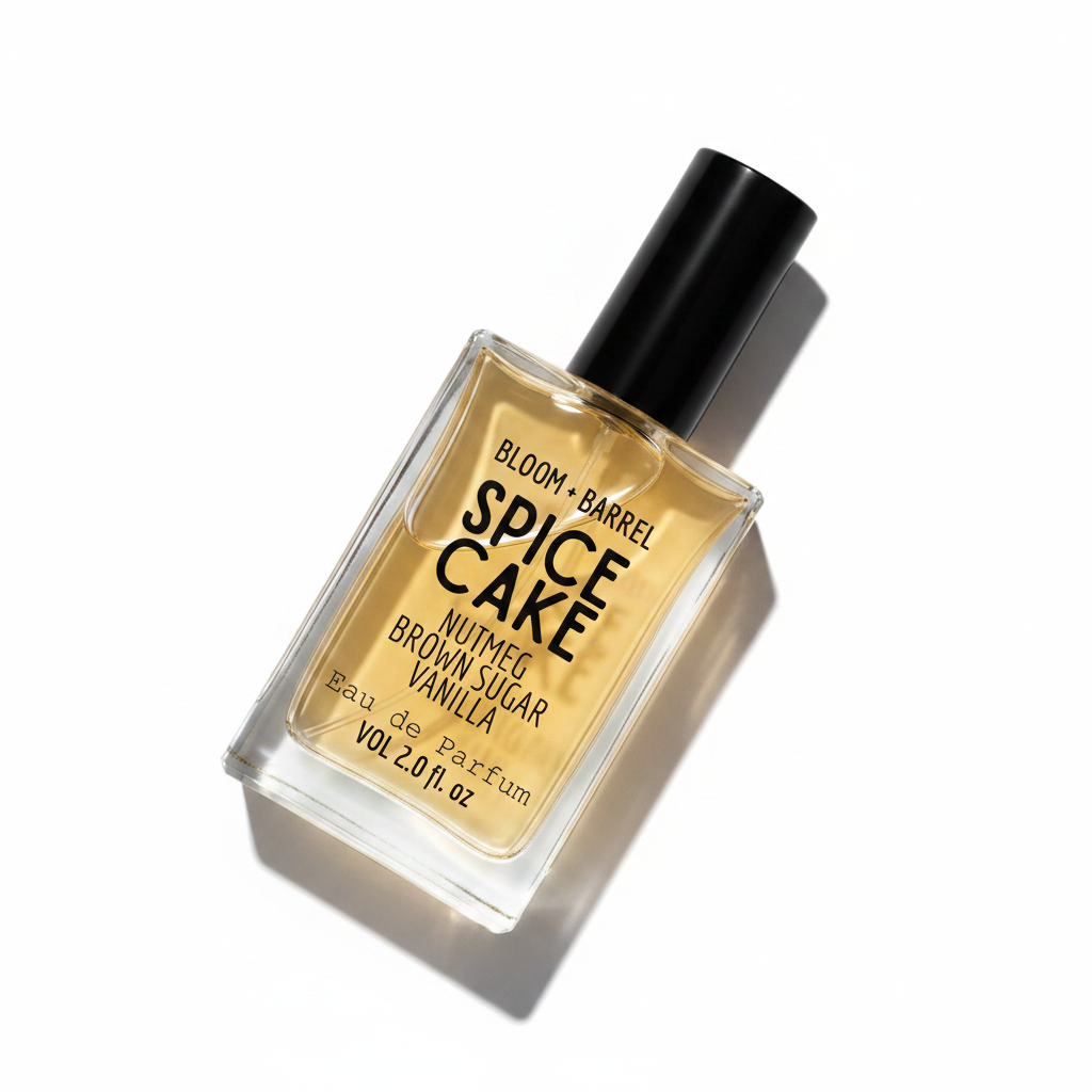 Perfume bottle labeled 'Spice Cake' by Bloom & Barrel on a white background