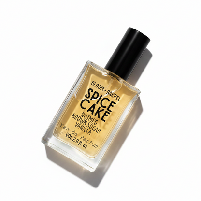 Perfume bottle labeled 'Spice Cake' by Bloom & Barrel on a white background