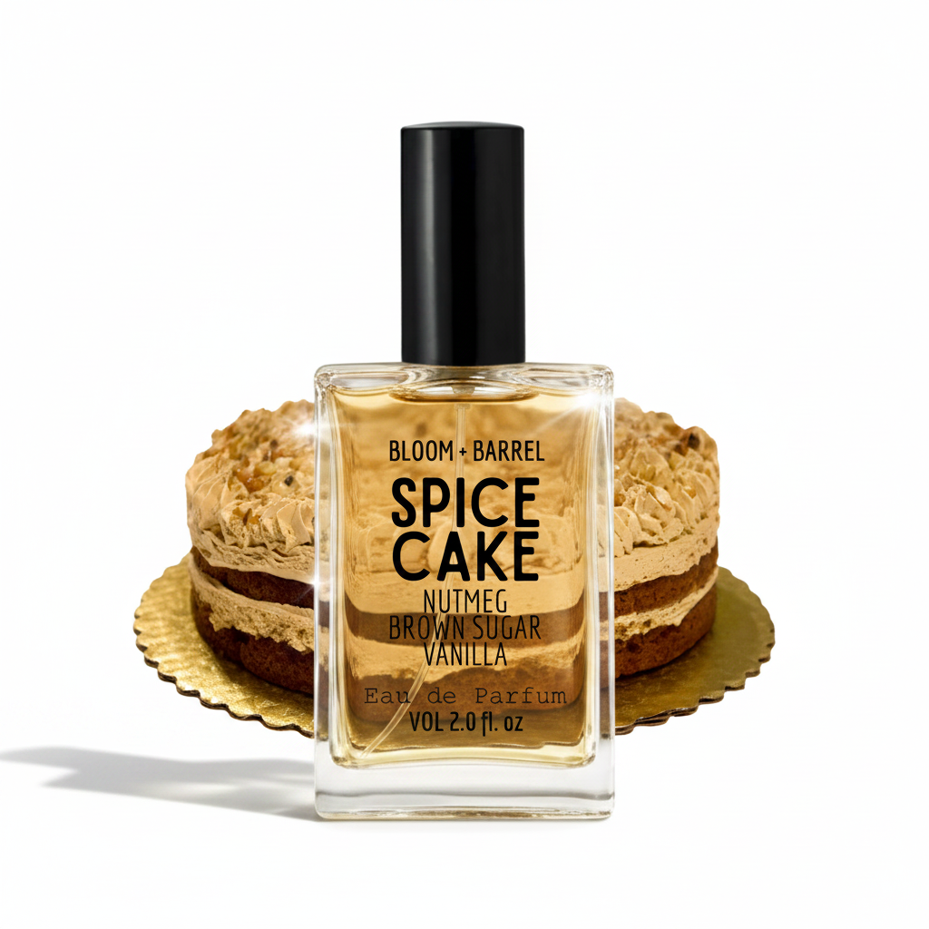 A bottle of Bloom + Barrel Spice Cake Eau de Parfum centered in front of two layered brown sugar and vanilla cake slices on gold platters, against a plain white background.