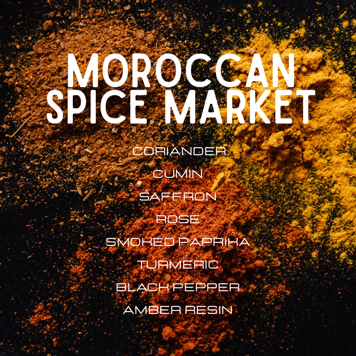 Spice powders with text overlay 'Moroccan Spice Market' and list of spices on a dark background.