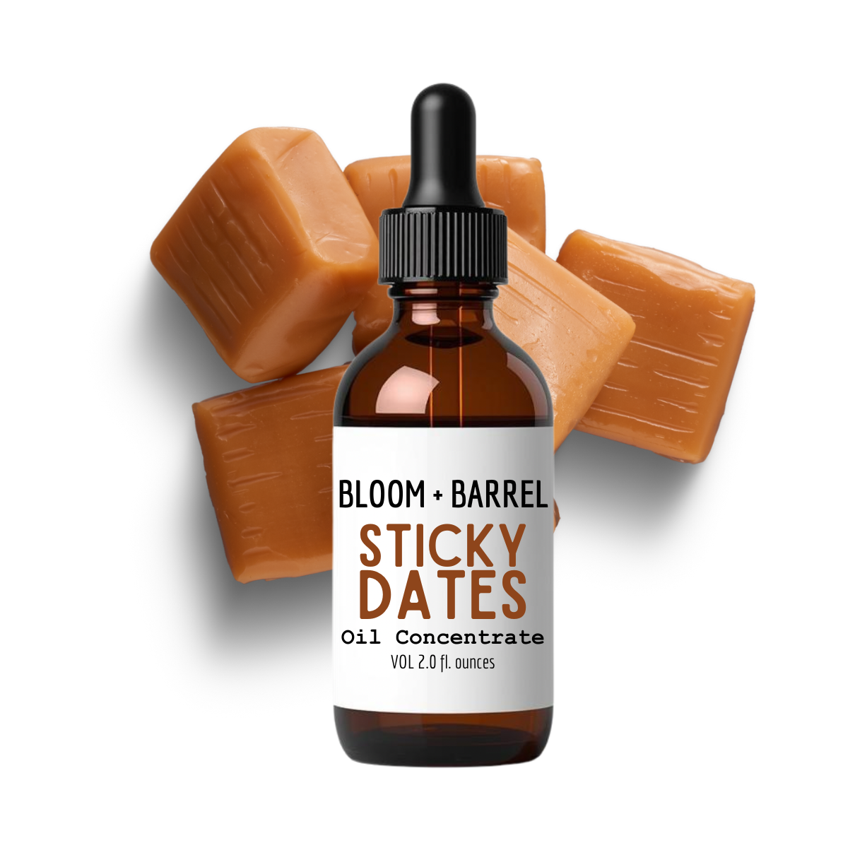Bottle of Bloom + Barrel Sticky Dates oil concentrate with caramels on a white background