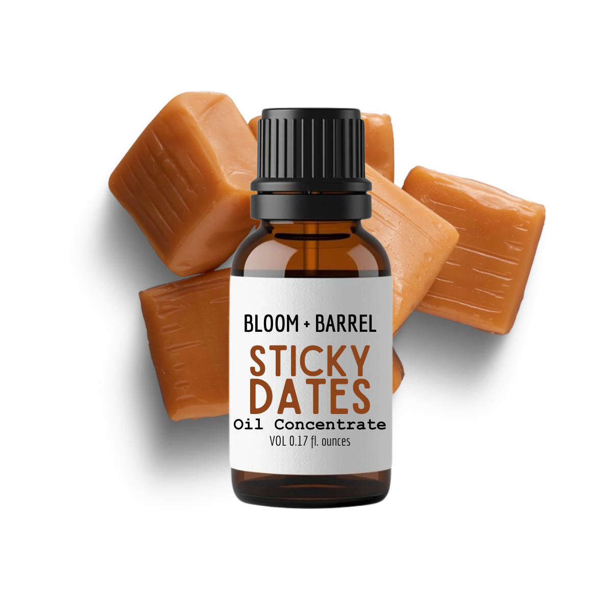 Bottle of 'Sticky Dates' oil concentrate with caramels on a white background