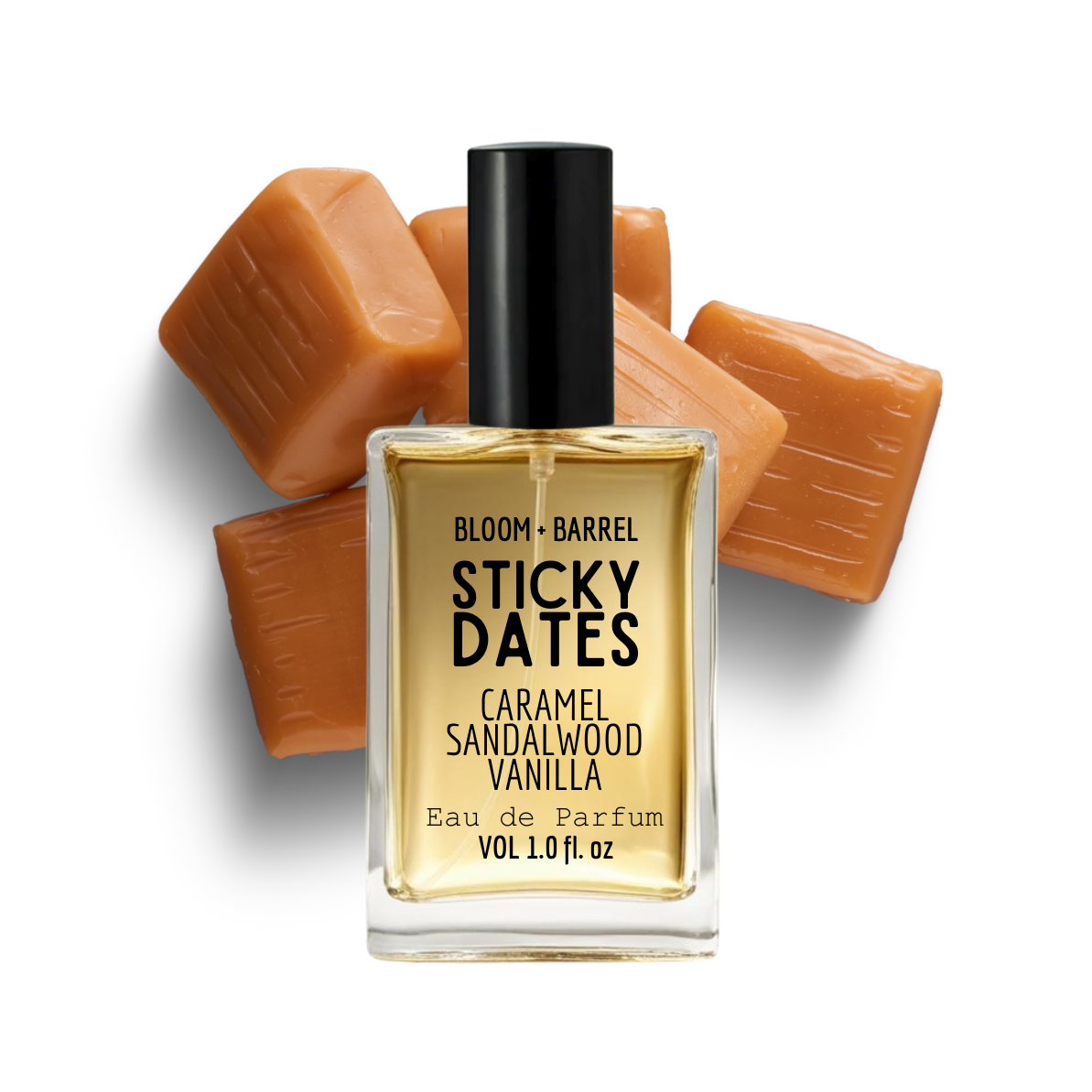 Perfume bottle labeled 'Sticky Dates' with caramel candies on a white background