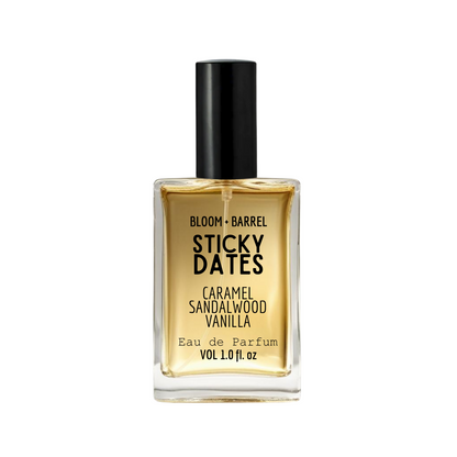 Perfume bottle labeled 'Sticky Dates' by Bloom & Barrel on a white background
