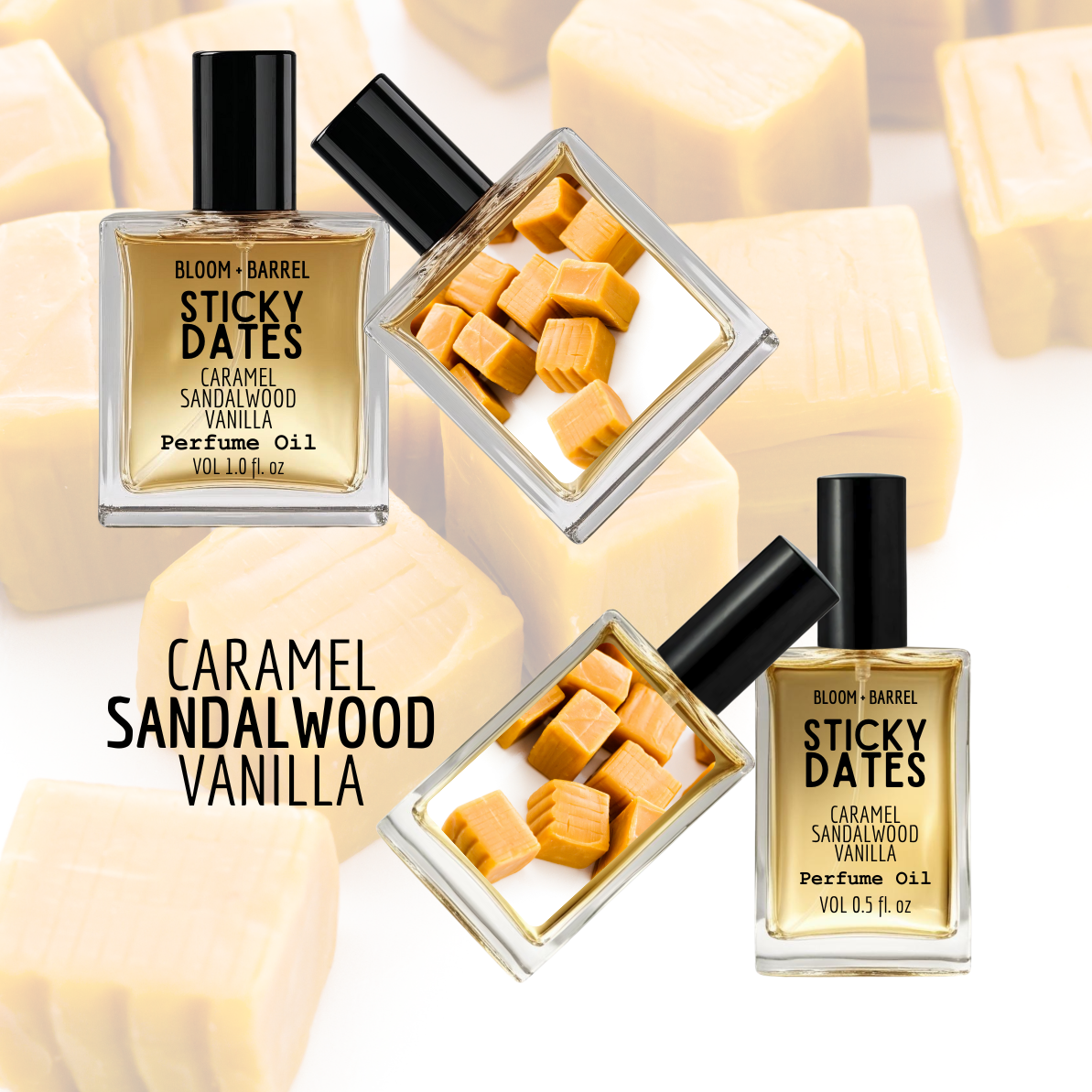 Perfume bottles labeled 'Sticky Dates' with caramel pieces on a light background