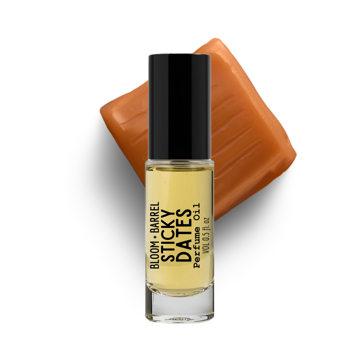 Perfume bottle labeled 'Bloom & Barrel Sticky Dates' with a black cap on a white background