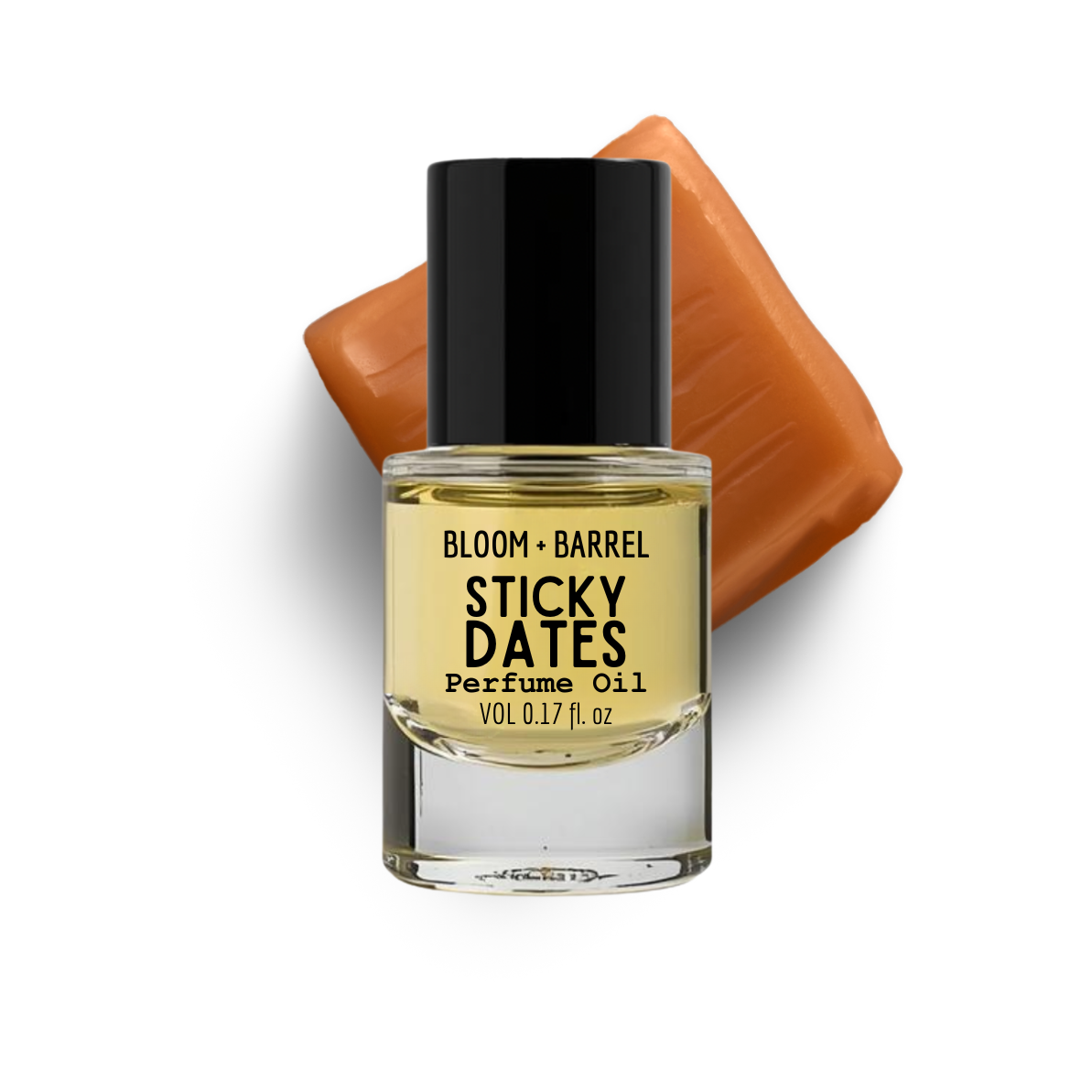 Perfume oil bottle labeled 'Sticky Dates' by Bloom & Barrel on a white background