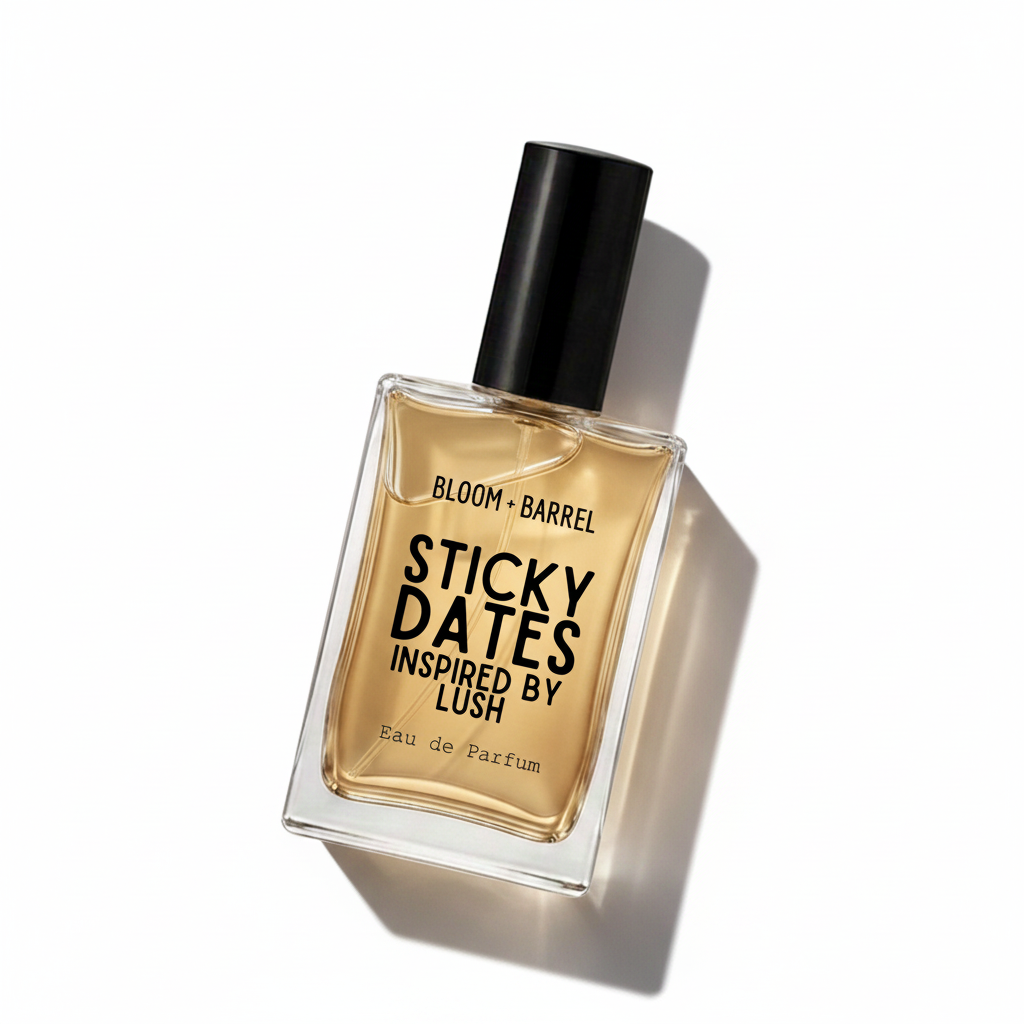 A bottle of Bloom + Barrel Sticky Dates Inspired by Lush Eau de Parfum, featuring a clear glass bottle with amber-colored liquid, a black cap, and bold black text on the front, set against a plain white background.