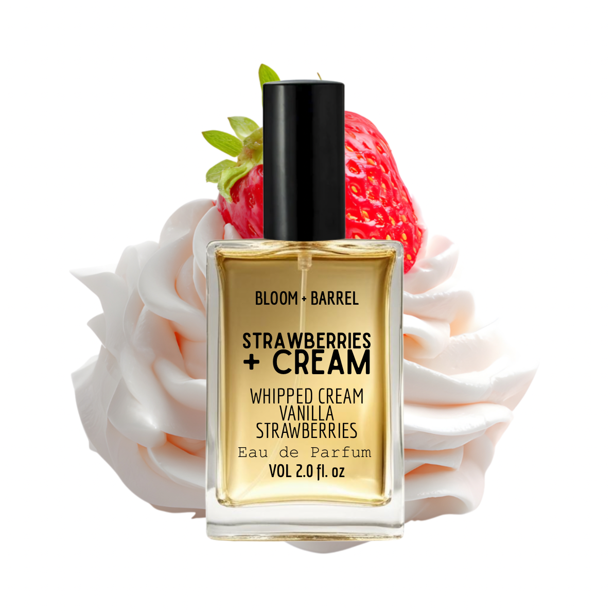 Perfume bottle labeled 'Strawberries + Cream' with strawberries and whipped cream on a white background