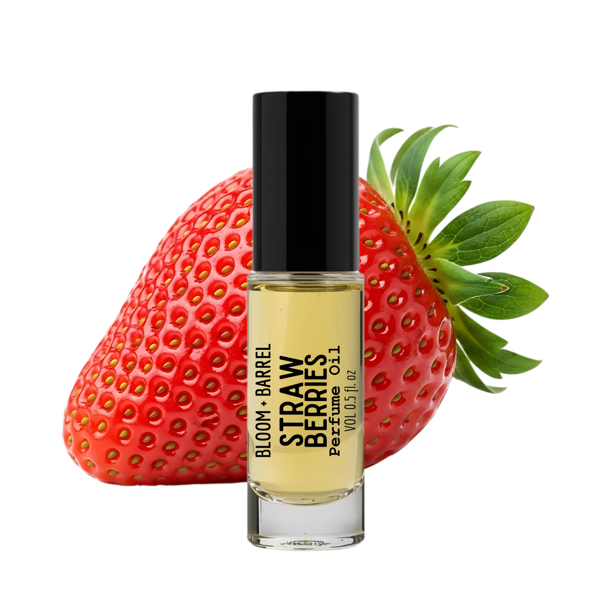 Perfume bottle labeled 'Straw Bloom Barrel' with a strawberry on a white background
