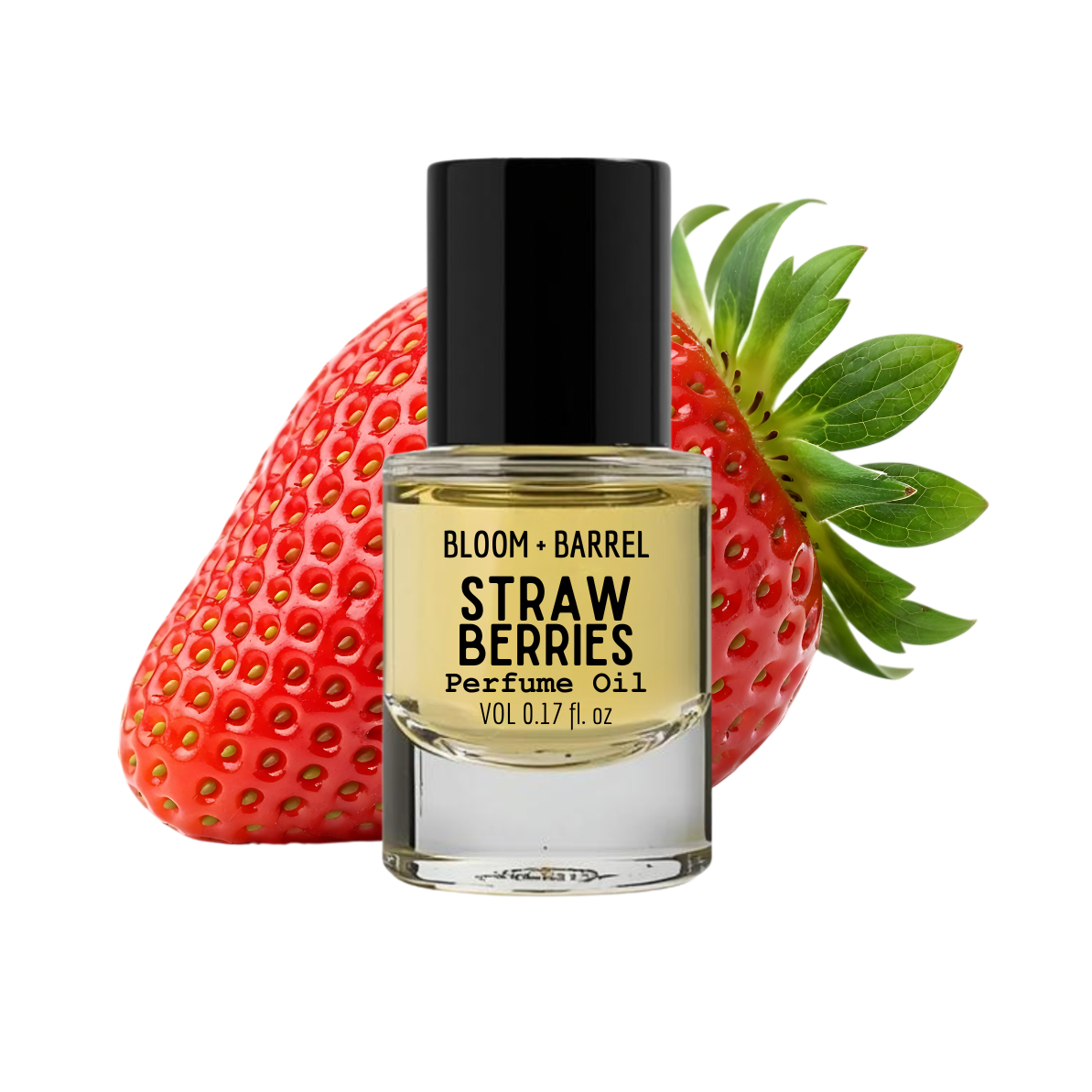 Perfume oil bottle labeled 'Strawberries' with a strawberry on a white background