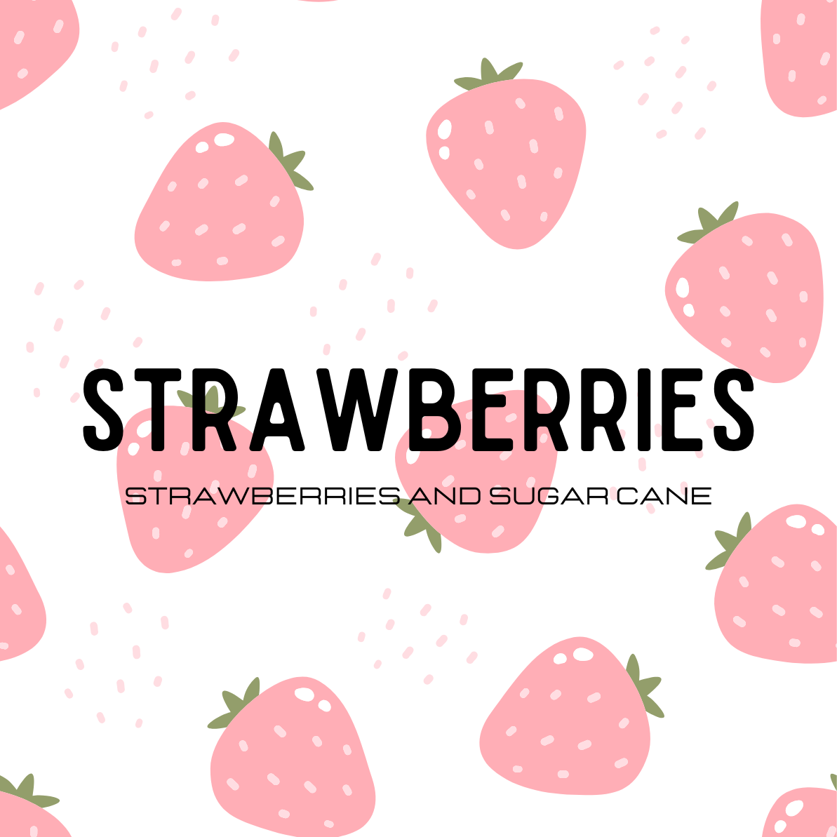 Pattern of pink strawberries with green leaves on a white background, featuring the text 'STRAWBERRIES' and 'STRAWBERRIES AND SUGAR CANE'.