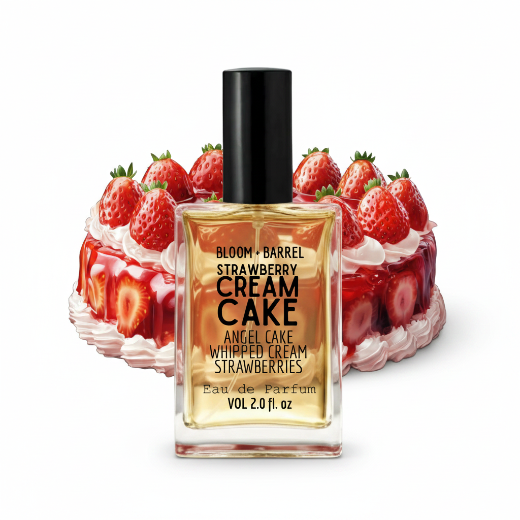A perfume bottle labeled 'BLOOM + BARREL STRAWBERRY CREAM CAKE' stands in front of a strawberry cream cake on a plain white background.