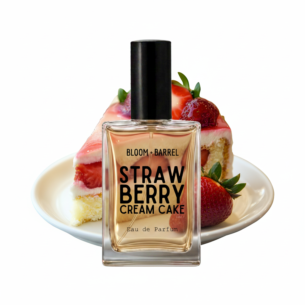 A perfume bottle labeled 'BLOOM • BARREL STRAW BERRY CREAM CAKE' stands in front of a sliced strawberry cream cake on a white plate against a plain white background.