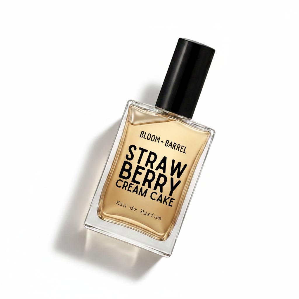 A rectangular glass perfume bottle with a black cap, filled with amber-colored fragrance liquid. The front label reads 'BLOOM • BARREL' and 'STRAWBERRY CREAM CAKE' in bold black text, with 'Eau de Parfum' near the bottom, on a plain white background.