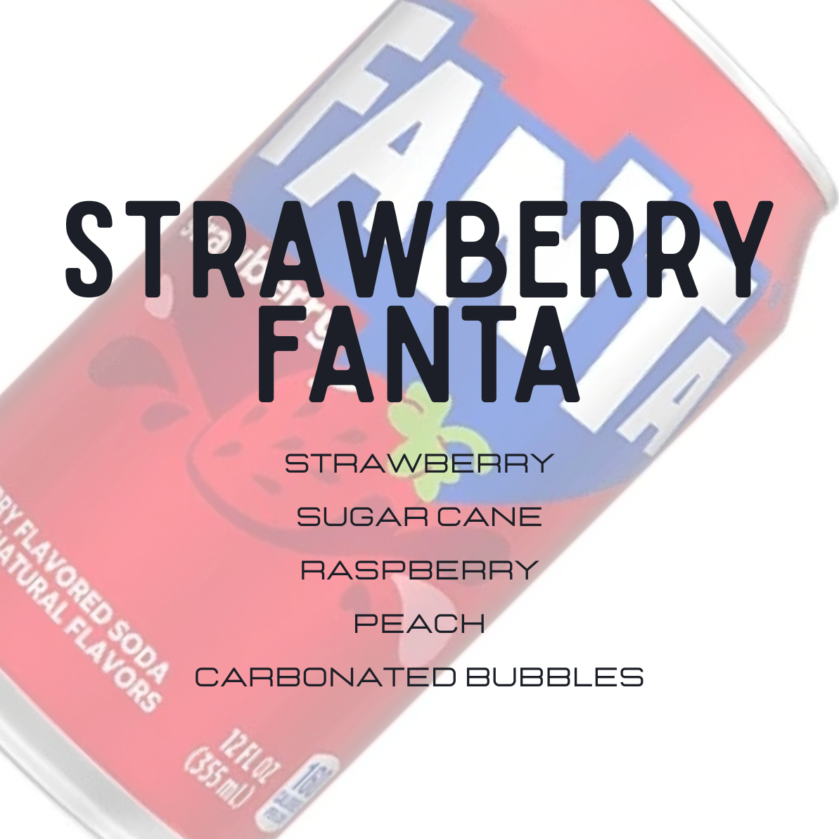 A close-up of a Fanta Strawberry soda can with large black text reading 'STRAWBERRY FANTA' and smaller flavor text including sugar cane, raspberry, peach, and carbonated bubbles on a white background.