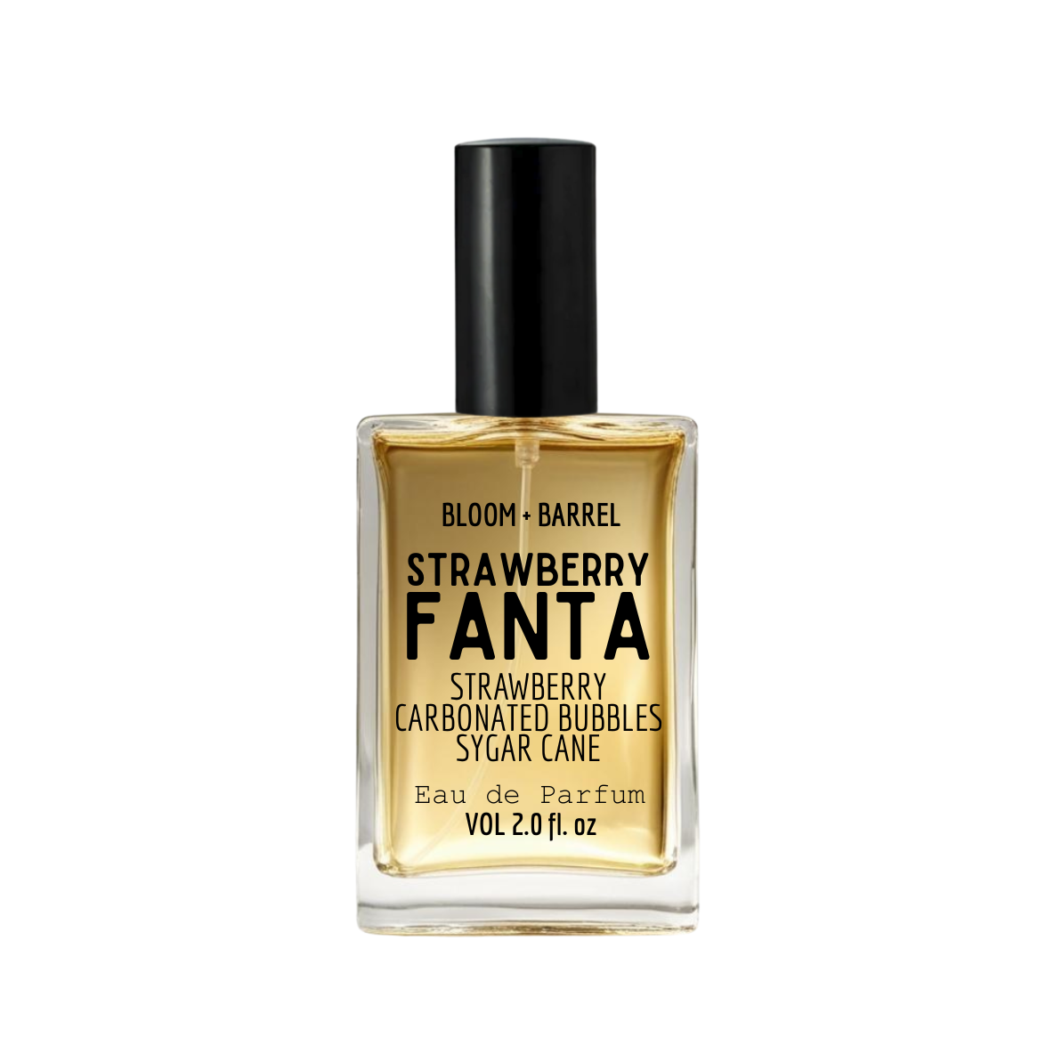 Perfume bottle labeled 'Almond Rum Cake' by Bloom & Barrel on a white background