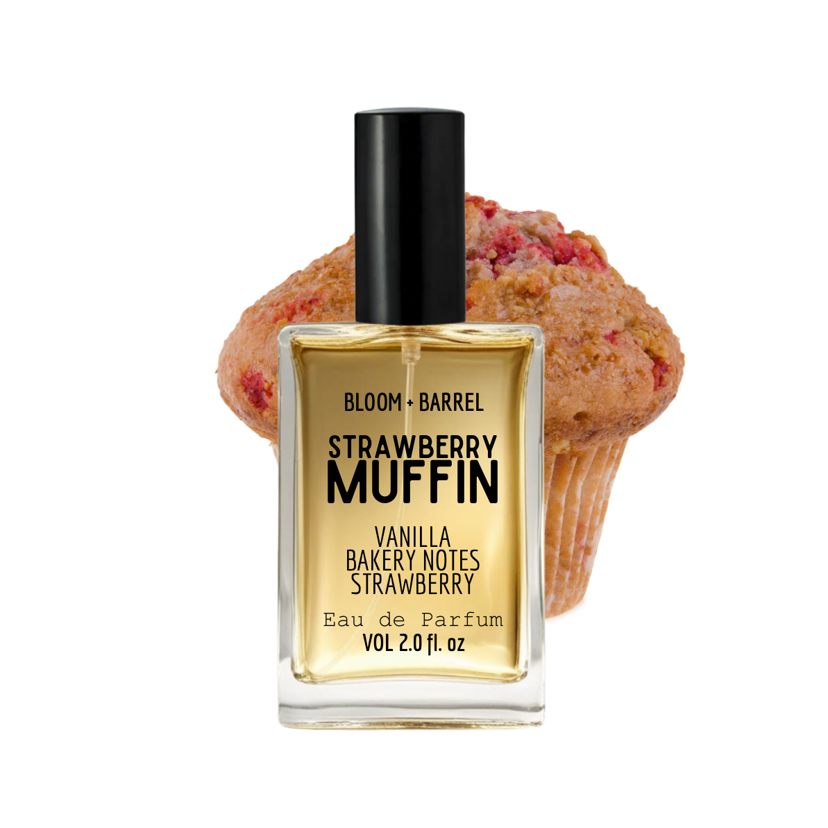 Perfume bottle labeled 'Strawberry Muffin' with a muffin in the background