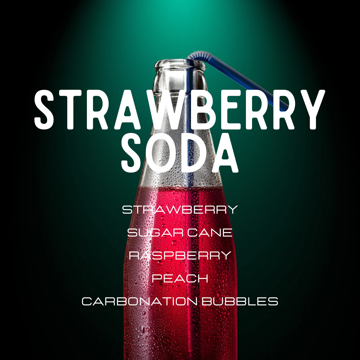 Bottle of strawberry soda with a straw on a dark background