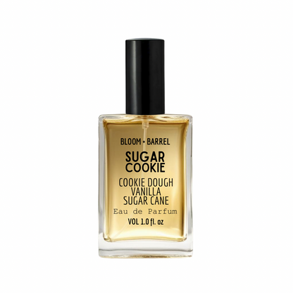 Perfume bottle labeled 'Sugar Cookie' by Bloom & Barrel on a white background