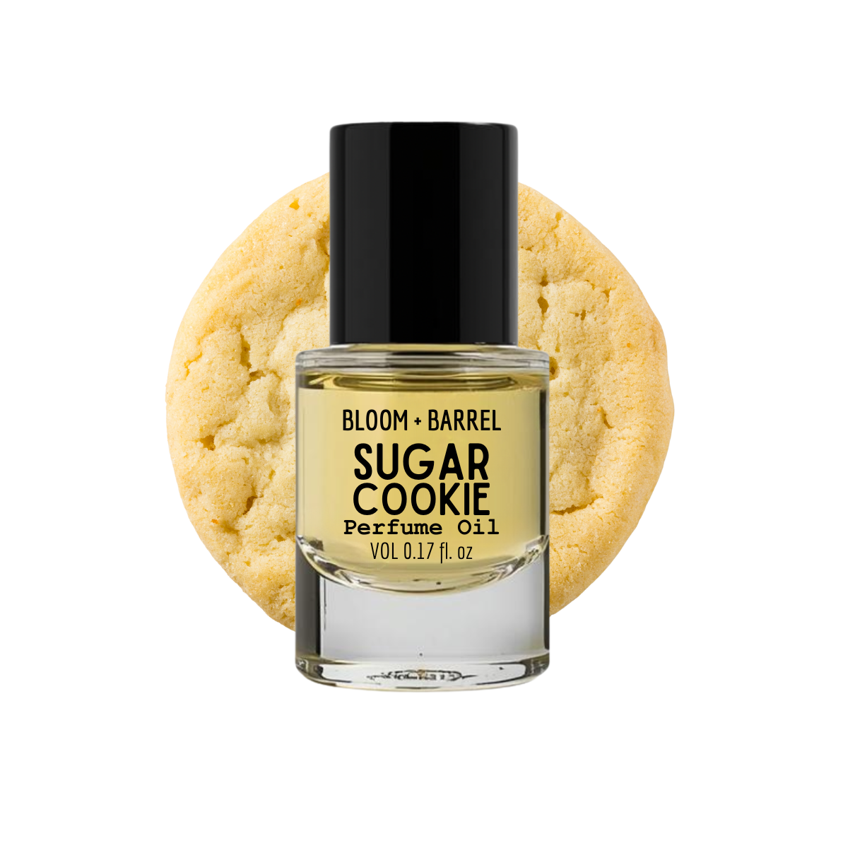 Bottle of Bloom & Barrel Sugar Cookie perfume oil with a sugar cookie on a white background