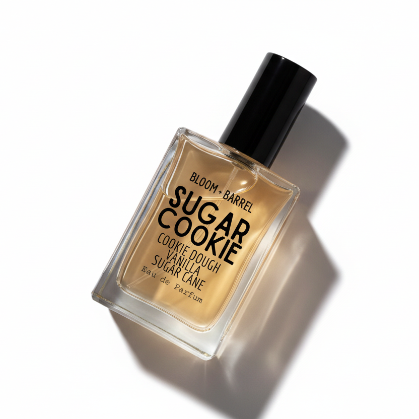 A rectangular glass perfume bottle with a black cap, filled with amber-colored fragrance liquid. The front label reads 'BLOOM • BARREL SUGAR COOKIE COOKIE DOUGH VANILLA SUGAR CÂNE Eau de Parfum' in black text, set against a plain white background.