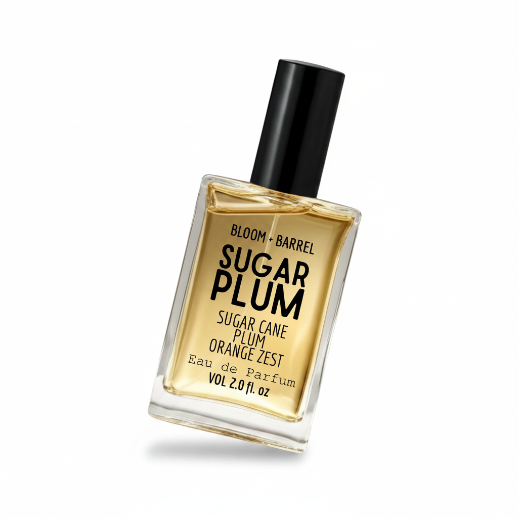 Bloom + Barrel Oreo Cookies Eau de Parfum in a clear rectangular glass bottle with a black cap, filled with golden-amber fragrance, on a white background.