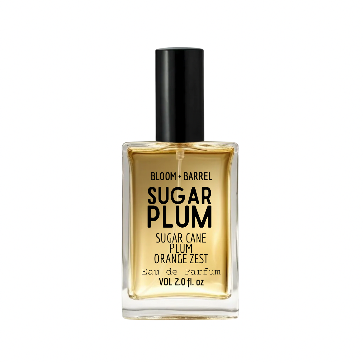 Bloom + Barrel Oreo Cookies Eau de Parfum in a clear rectangular glass bottle with a black cap, filled with golden-amber fragrance, on a white background.