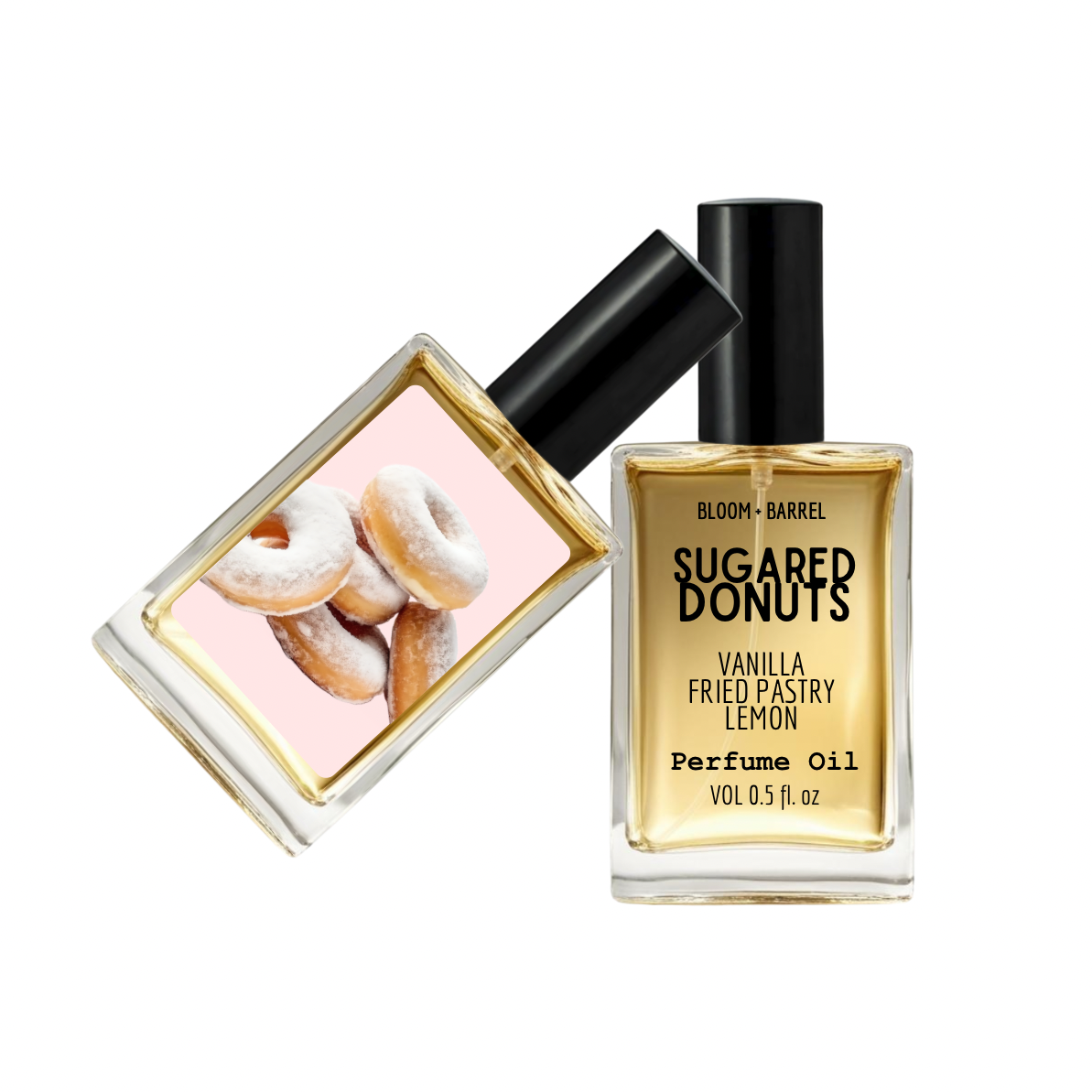Bottle of 'Sugared Donuts' perfume oil with a black cap on a white background