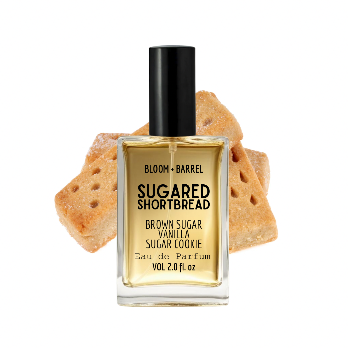 Perfume bottle labeled 'Sugared Shortbread' with cookies on a white background