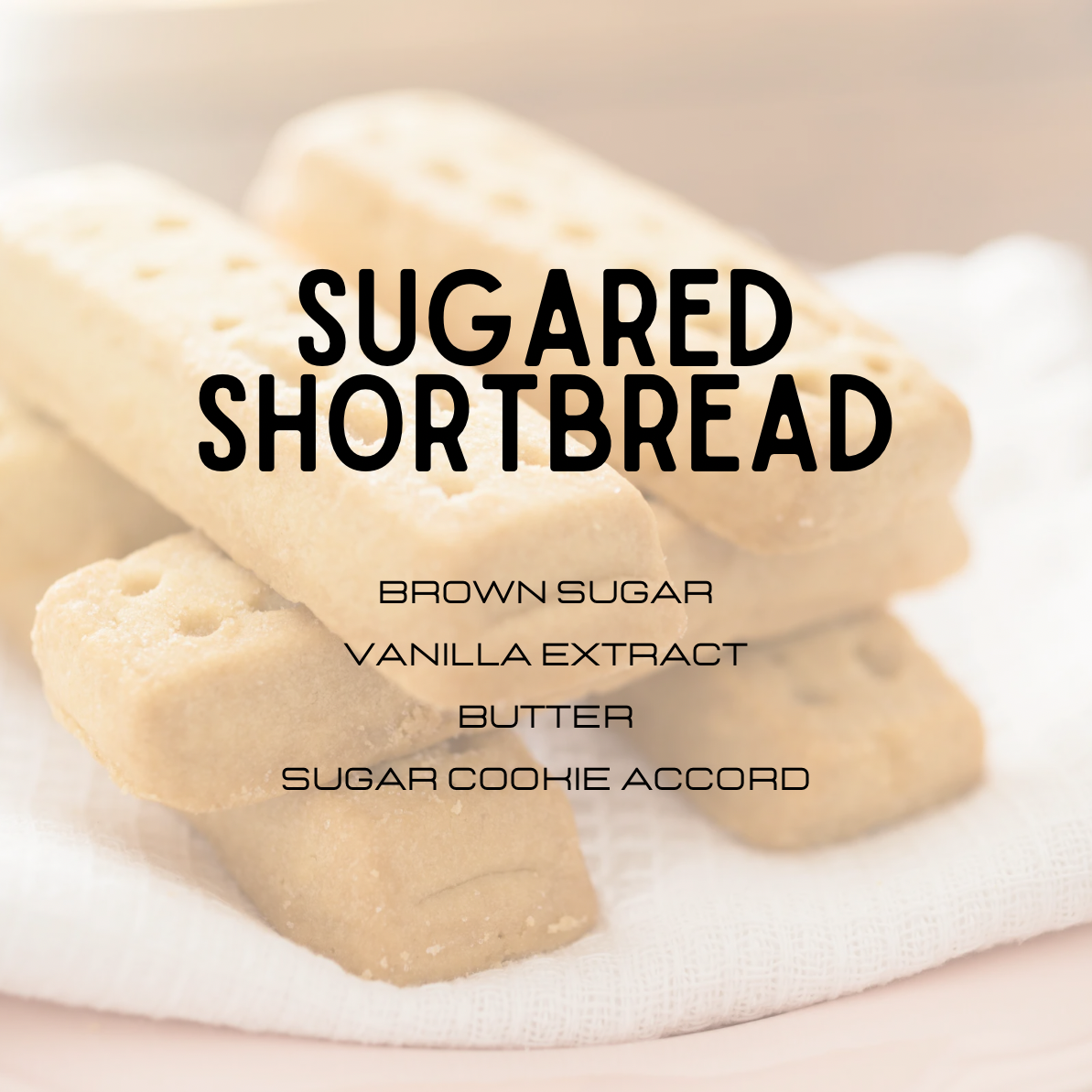 Sugared shortbread cookies with a text overlay on a white background