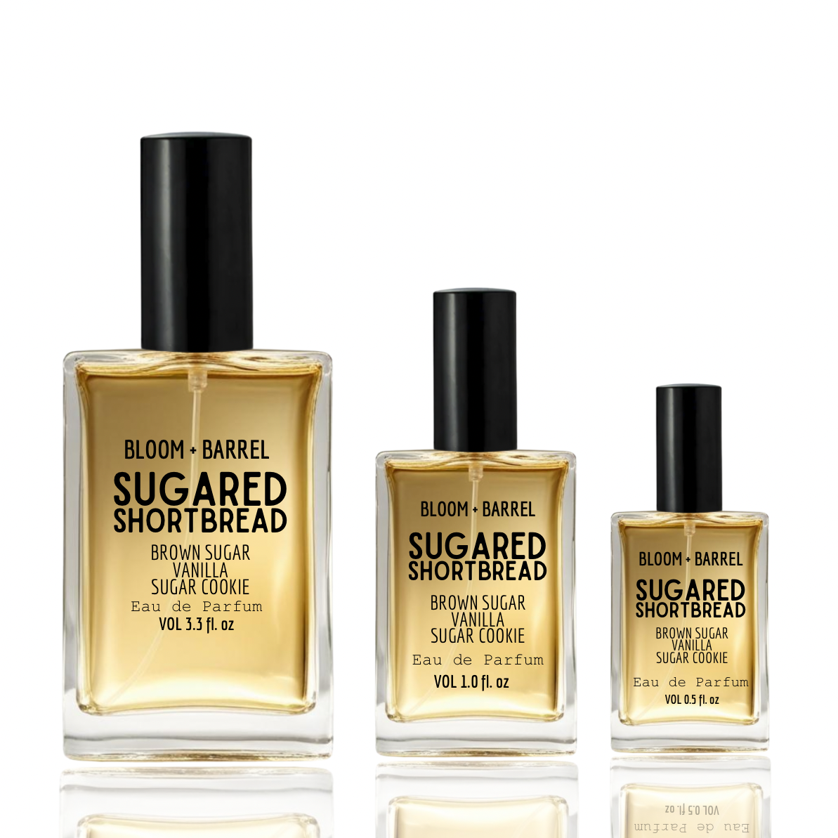 Three bottles of Bloom & Barrel Sugared Shortbread perfume on a white background