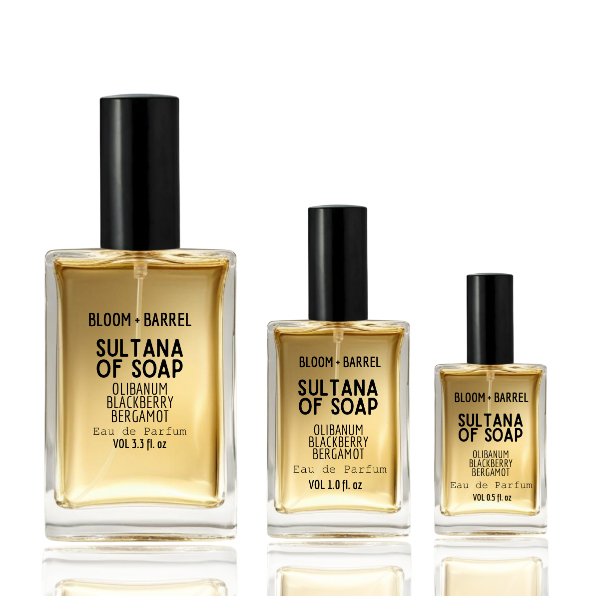 Three bottles of Bloom + Barrel Sultana of Soap perfume on a white background