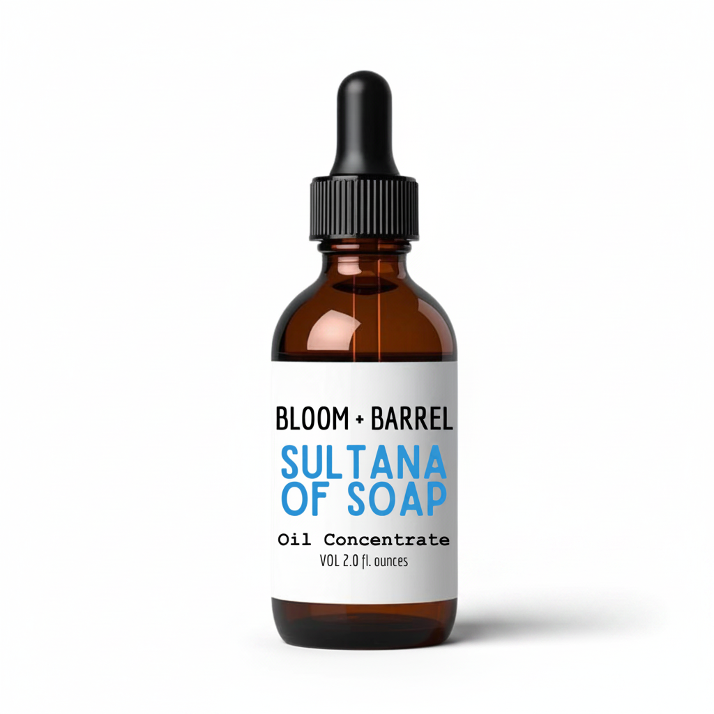 Bottle of Bloom + Barrel Sultana of Soap Oil Concentrate on a white background