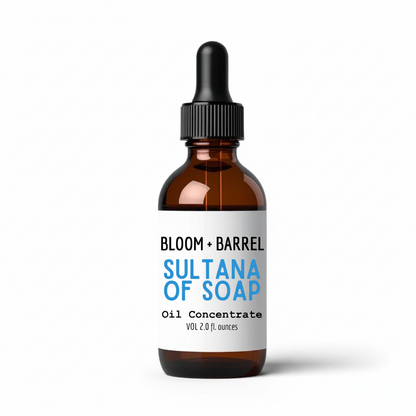 Bottle of Bloom + Barrel Sultana of Soap Oil Concentrate on a white background