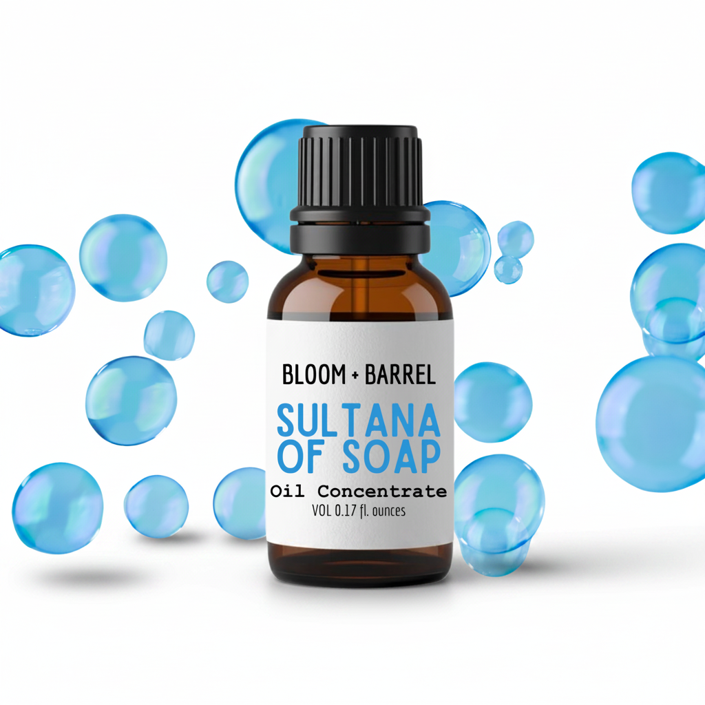 Bottle of Bloom & Barrel Sultana of Soap Oil Concentrate with blue bubbles on a white background