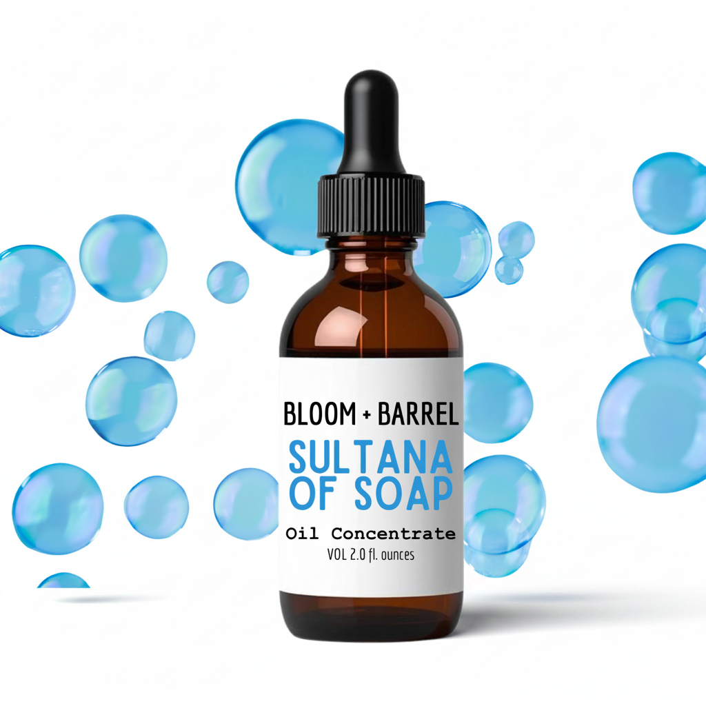 Bottle of Bloom + Barrel Sultana of Soap Oil Concentrate with blue bubbles on a white background