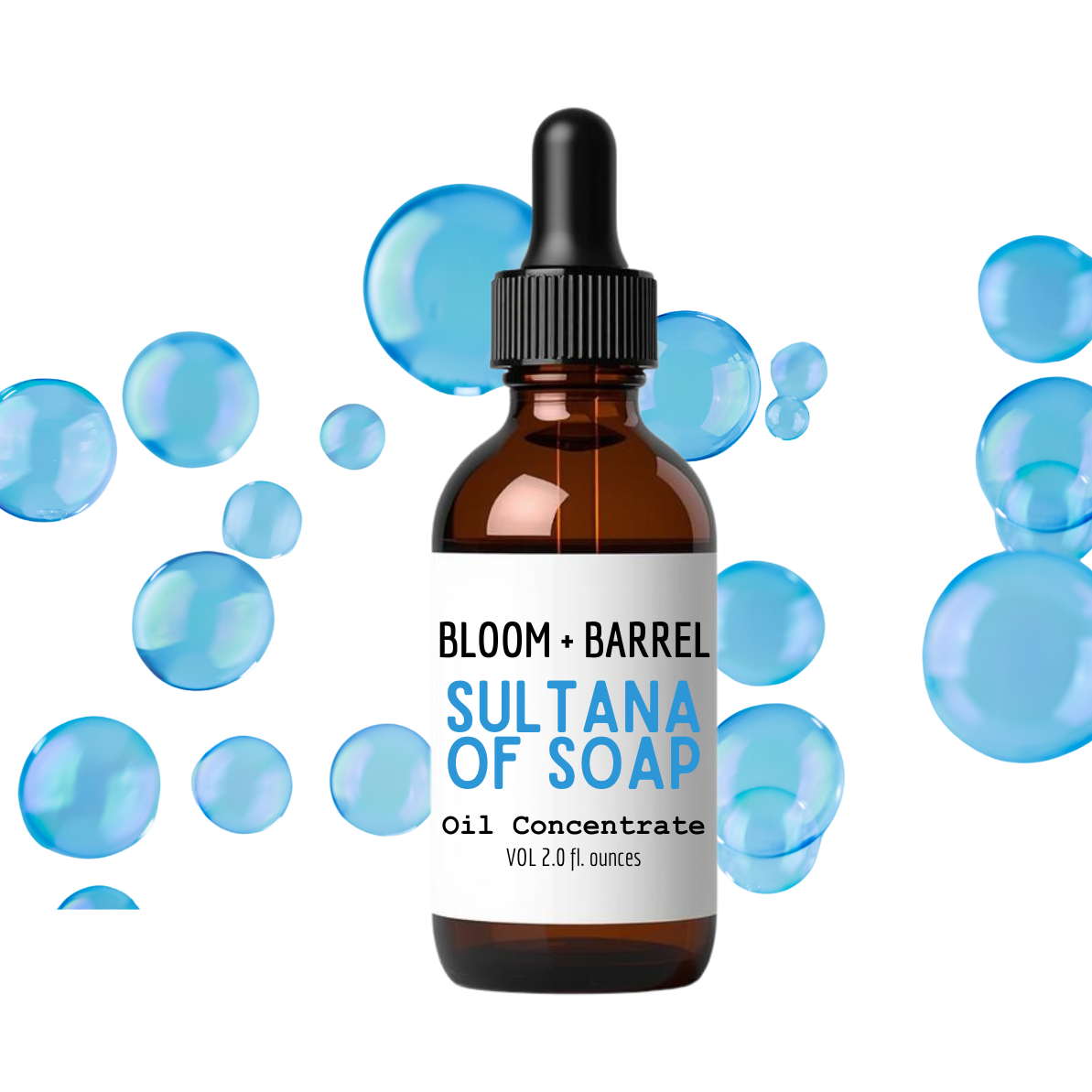 Bottle of Bloom + Barrel Sultana of Soap Oil Concentrate with blue bubbles on a white background