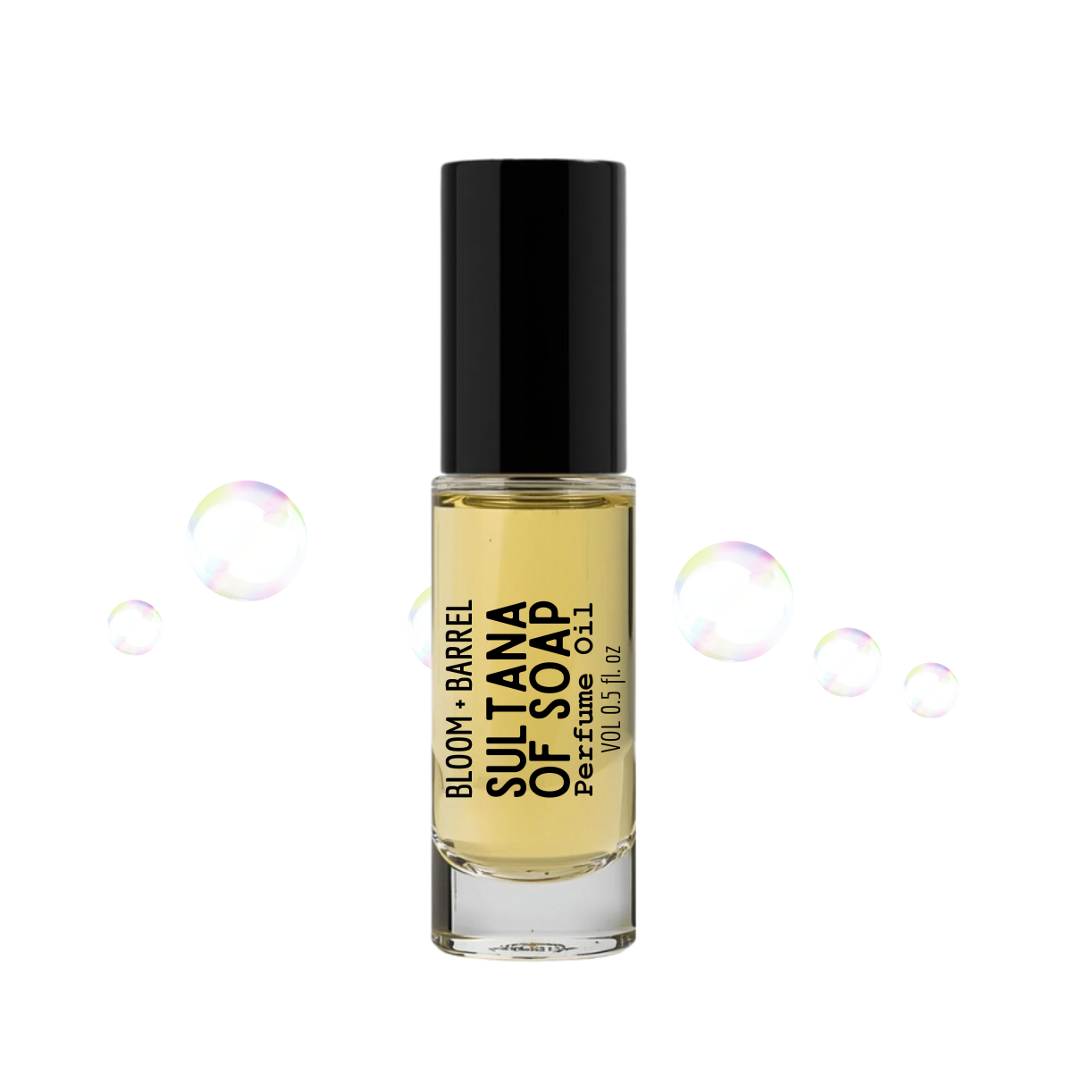 Perfume bottle labeled 'Sultana of Soap' with soap bubbles on a white background