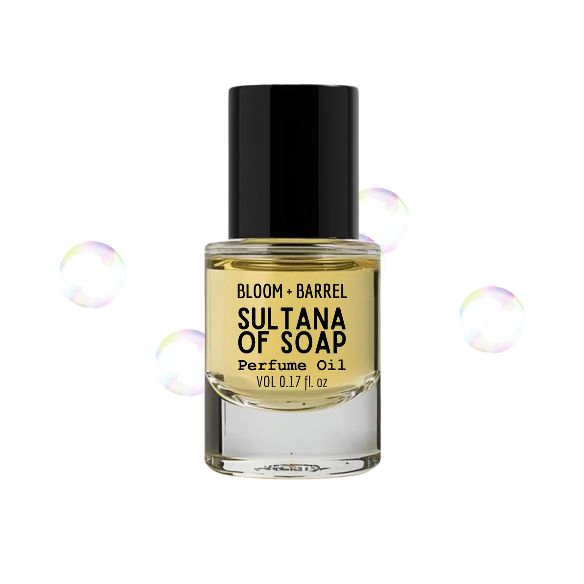 Bottle of Bloom & Barrel Sultana of Soap Perfume Oil with bubbles on a white background