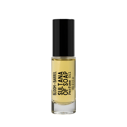 Perfume bottle labeled 'Sultana of Soap' by Bloom & Barrel on a white background