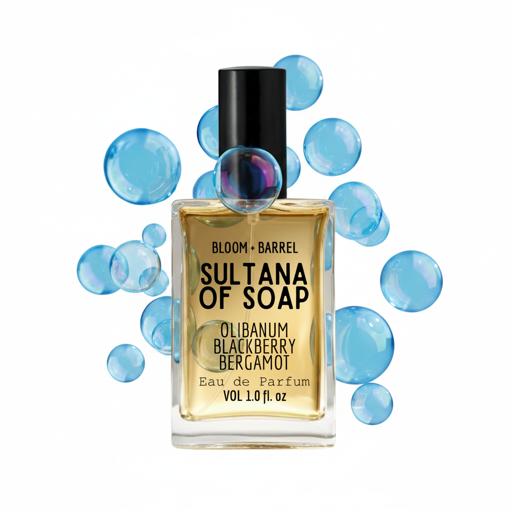 Perfume bottle labeled 'Sultana of Soap' with black cap on a white background