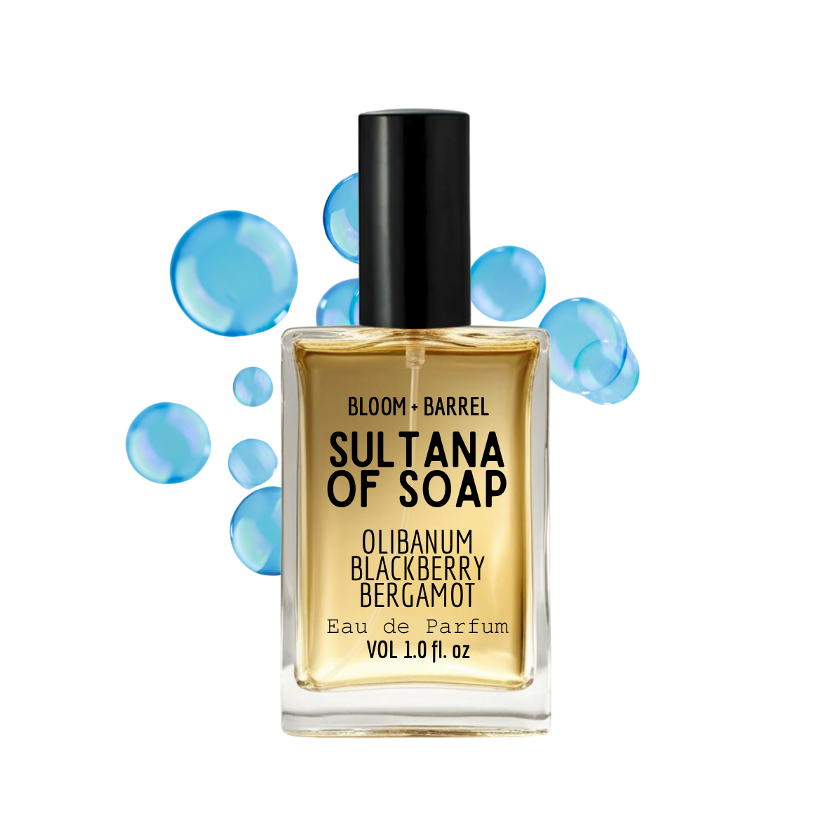 Perfume bottle labeled 'Sultana of Soap' with black cap on a white background