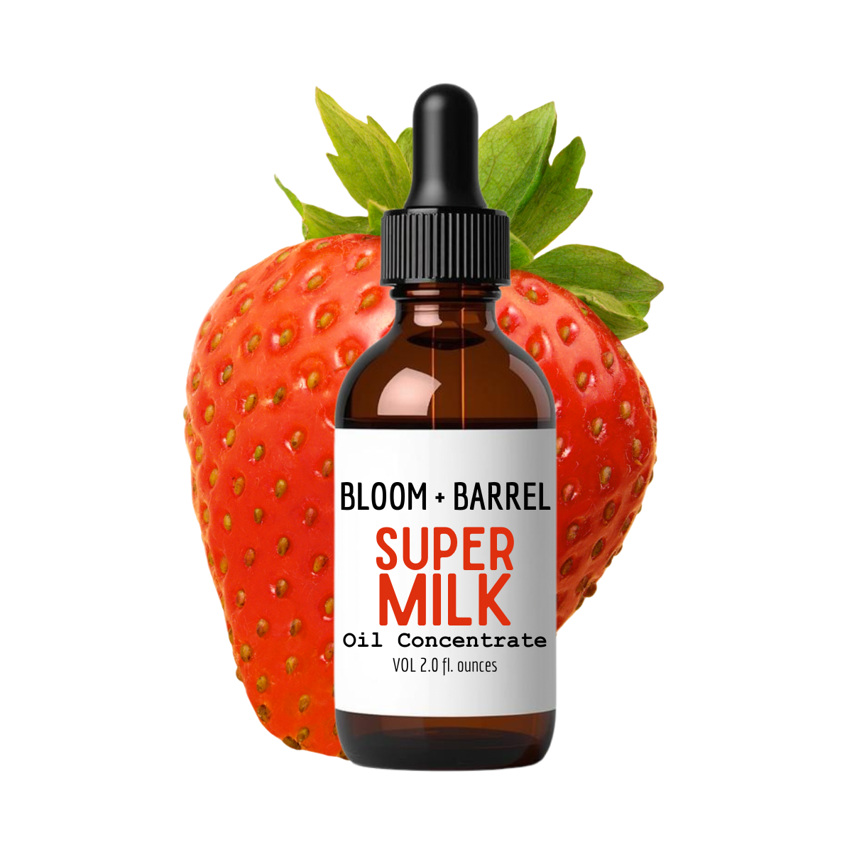 Bottle of Bloom + Barrel Super Milk Oil Concentrate with a strawberry on a white background