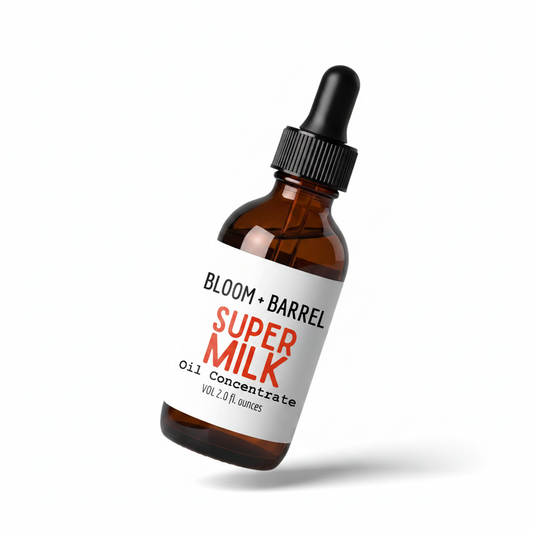 Bottle of Bloom + Barrel Super Milk Oil Concentrate on a white background